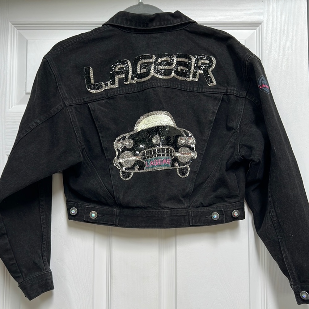 LA Gear vintage 1980s cropped black denim jacket with rhinestone buttons